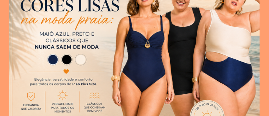 Cores lisas na moda praia: maiô azul, preto e clássicos Cores lisas na moda praia: maiô azul, preto e clássicos